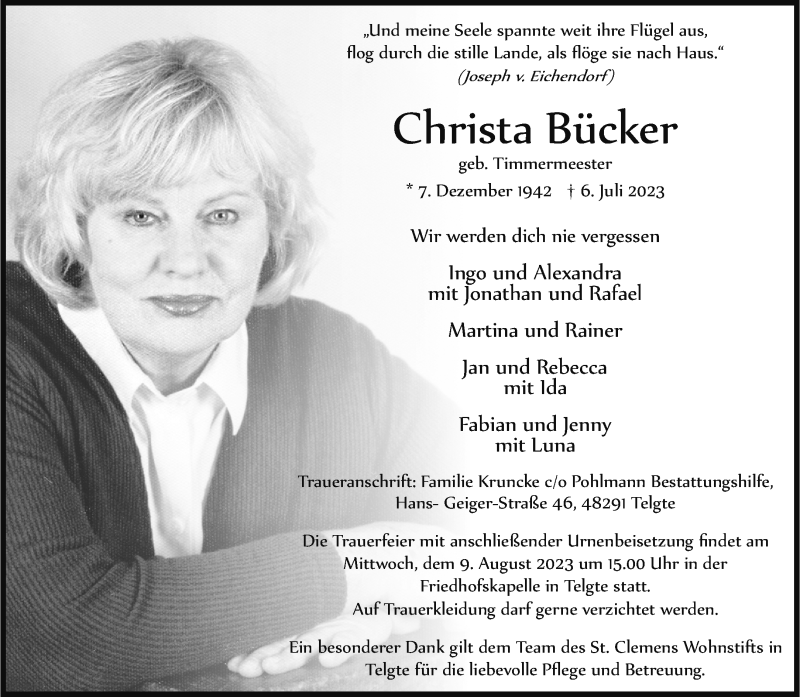 Traueranzeigen Von Christa B Cker Trauer Ms