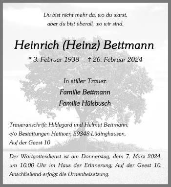 Traueranzeigen Von Heinrich Heinz Bettmann Trauer Ms