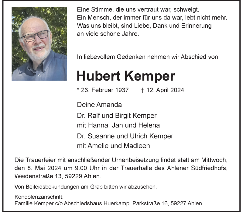 Traueranzeigen Von Hubert Kemper Trauer Ms