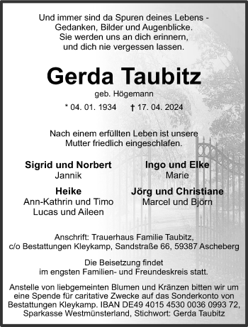 Anzeige von Gerda Taubitz 