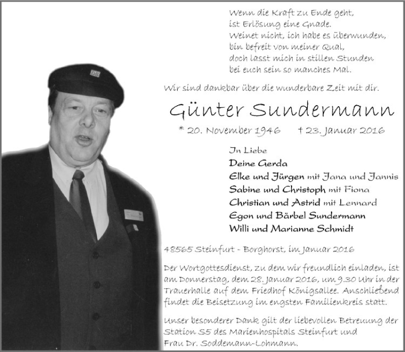  Traueranzeige für Günter Sundermann vom 27.01.2016 aus Westfälische Nachrichten