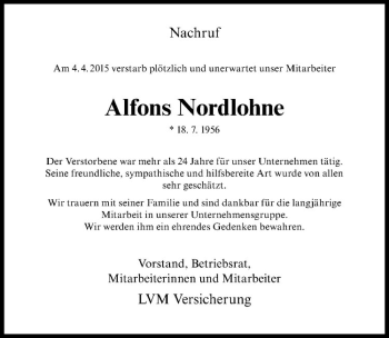 Anzeige von Alfons Nordlohne von Westfälische Nachrichten