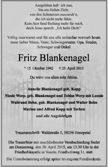 Anzeige von Fritz Blankenagel von Westfälische Nachrichten