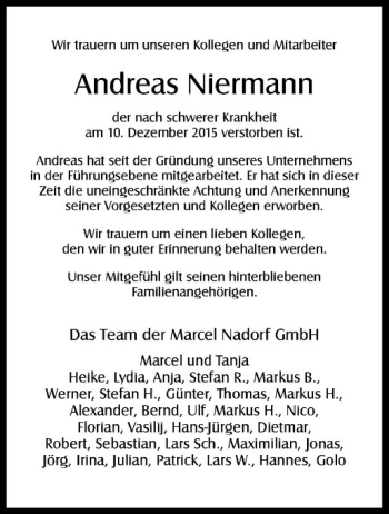 Anzeige von Andreas Niermann von Westfälische Nachrichten