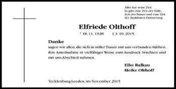 Anzeige von Elfriede Olthoff von Westfälische Nachrichten