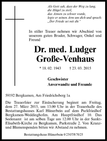 Anzeige von Ludger Große-Venhaus von Westfälische Nachrichten