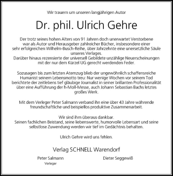 Anzeige von Ulrich Gehre von Westfälische Nachrichten