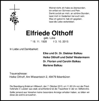 Anzeige von Elfriede Olthoff von Westfälische Nachrichten