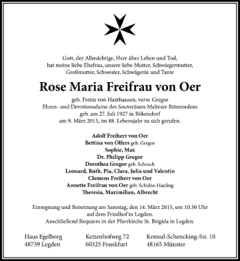 Anzeige von Rose Maria von Oer von Westfälische Nachrichten