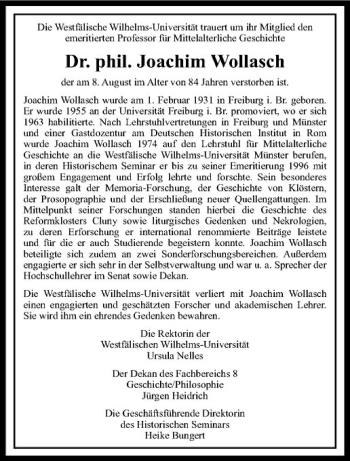 Anzeige von Joachim Wollasch von Westfälische Nachrichten