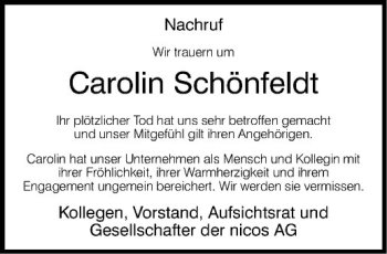 Anzeige von Carolin Schönfeldt von Westfälische Nachrichten