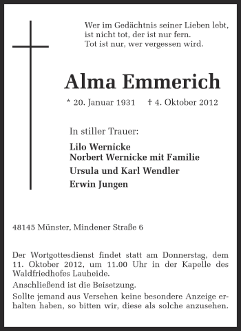 Anzeige von Alma Emmerich von Münstersche Zeitung und Grevener Zeitung