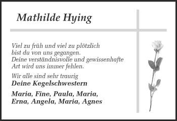 Anzeige von Mathilde Hying von Münstersche Zeitung und Münsterland Zeitung