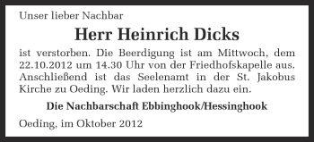 Anzeige von Heinrich Dicks von Münstersche Zeitung und Münsterland Zeitung