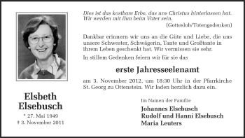 Anzeige von Elsbeth Elsebusch von Münstersche Zeitung und Münsterland Zeitung