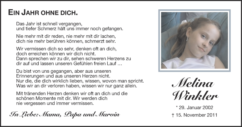  Traueranzeige für Melina Winkler vom 15.11.2012 aus Münstersche Zeitung und Münsterland Zeitung