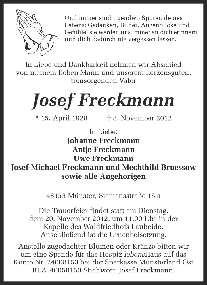  Traueranzeige für Josef Freckmann vom 14.11.2012 aus Münstersche Zeitung und Grevener Zeitung