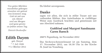 Anzeige von Edith Dayen von Münstersche Zeitung und Münsterland Zeitung