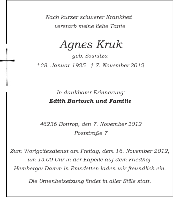 Anzeige von Agnes Kruk von Münstersche Zeitung und Emsdettener Volkszeitung