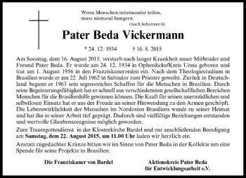 Anzeige von Beda Vickermann von Westfälische Nachrichten