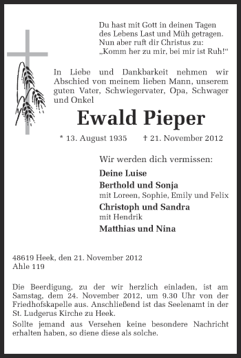 Anzeige von Ewald Pieper von Münstersche Zeitung und Münsterland Zeitung