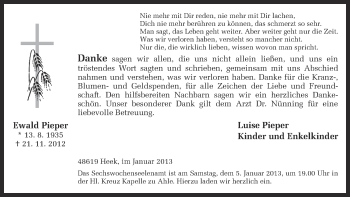 Anzeige von Ewald Pieper von Münstersche Zeitung und Münsterland Zeitung