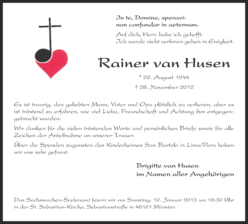  Traueranzeige für Rainer van Husen vom 05.01.2013 aus Münstersche Zeitung und Grevener Zeitung