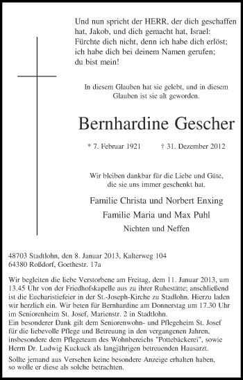 Anzeige von Bernhardine Gescher von Münstersche Zeitung und Münsterland Zeitung