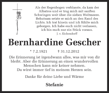 Anzeige von Bernhardine Gescher von Münstersche Zeitung und Münsterland Zeitung