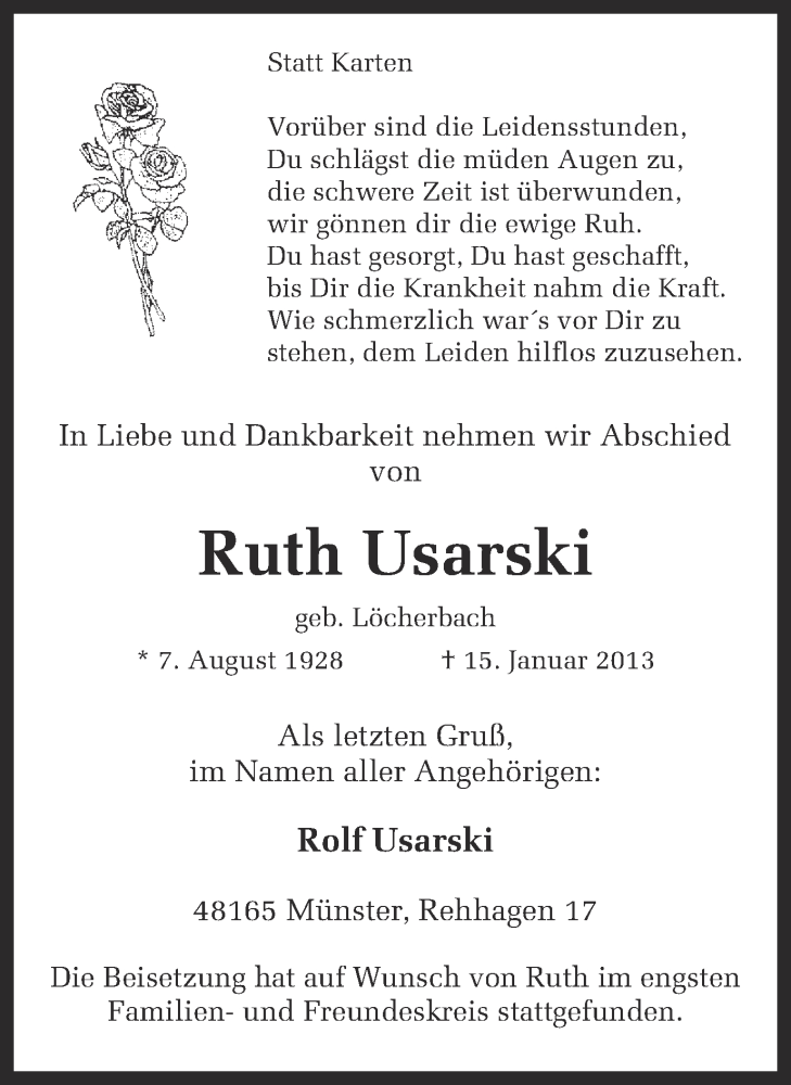  Traueranzeige für Ruth Usarski vom 19.01.2013 aus Münstersche Zeitung und Grevener Zeitung