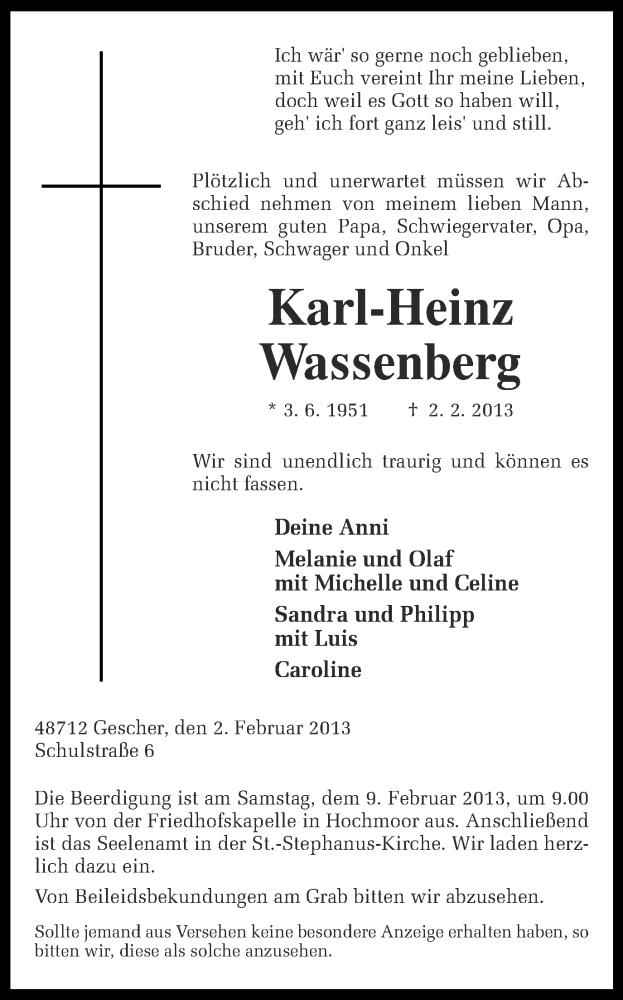  Traueranzeige für Karl-Heinz Wassenberg vom 06.02.2013 aus Münstersche Zeitung und Münsterland Zeitung