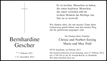 Anzeige von Bernhardine Gescher von Münstersche Zeitung und Münsterland Zeitung