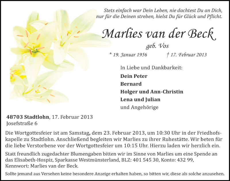  Traueranzeige für Marlies van der Beck vom 20.02.2013 aus Münstersche Zeitung und Münsterland Zeitung