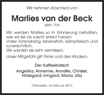 Anzeige von Marlies van der Beck von Münstersche Zeitung und Münsterland Zeitung