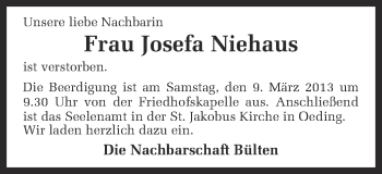 Anzeige von Josefa Niehaus von Münstersche Zeitung und Münsterland Zeitung