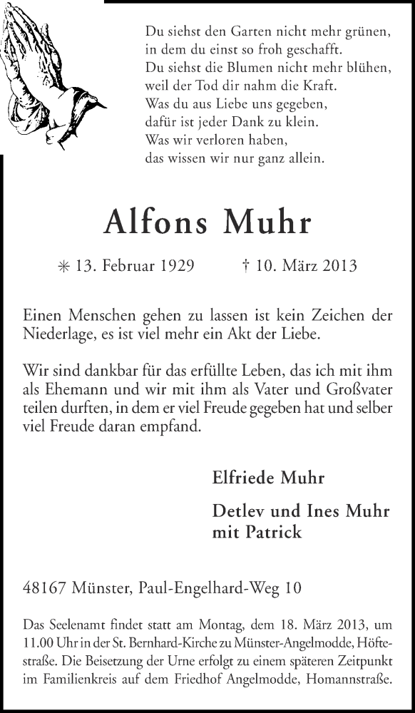  Traueranzeige für Alfons Muhr vom 14.03.2013 aus Münstersche Zeitung und Grevener Zeitung