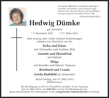 Anzeige von Hedwig Dümke von Münstersche Zeitung und Münsterland Zeitung