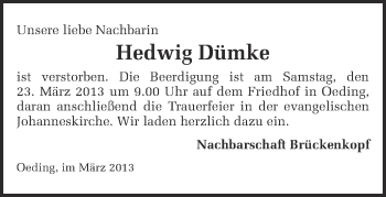 Anzeige von Hedwig Dümke von Münstersche Zeitung und Münsterland Zeitung