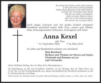 Anzeige von Anna Kexel von Münstersche Zeitung und Münsterland Zeitung