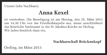 Anzeige von Anna Kexel von Münstersche Zeitung und Münsterland Zeitung