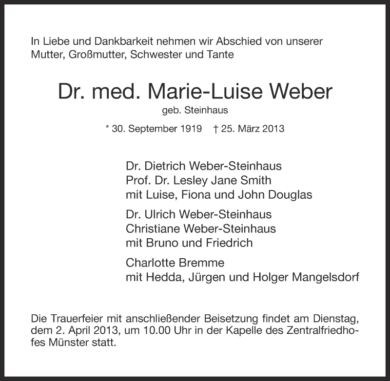 Traueranzeigen Von Marie Luise Weber Www Trauer Ms