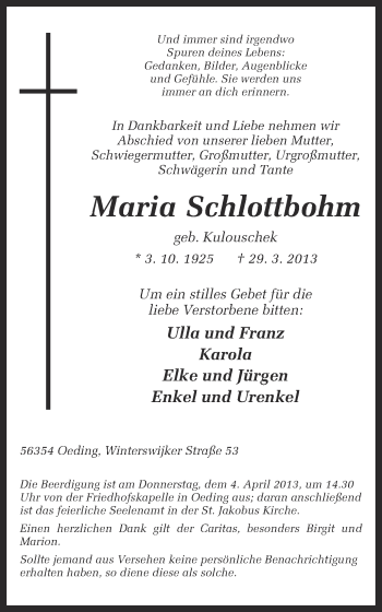 Anzeige von Maria Schlottbohm von Münstersche Zeitung und Münsterland Zeitung