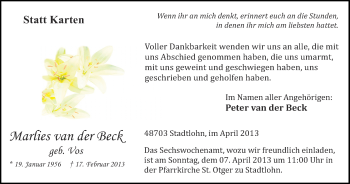 Anzeige von Marlies van der Beck von Münstersche Zeitung und Münsterland Zeitung