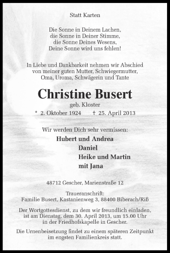 Anzeige von Christine Busert von Münstersche Zeitung und Münsterland Zeitung