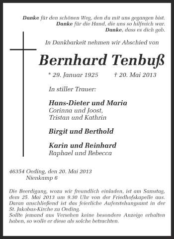 Anzeige von Bernhard Tenbuß von Münstersche Zeitung und Münsterland Zeitung