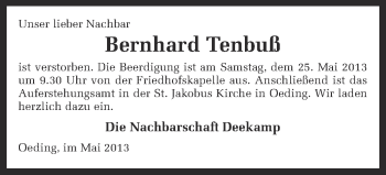 Anzeige von Bernhard Tenbuß von Münstersche Zeitung und Münsterland Zeitung