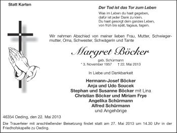 Anzeige von Margret Böcker von Münstersche Zeitung und Münsterland Zeitung