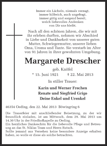 Anzeige von Margarete Drescher von Münstersche Zeitung und Münsterland Zeitung