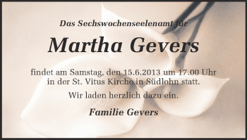 Anzeige von Martha Gevers von Münstersche Zeitung und Münsterland Zeitung