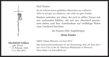 Anzeige von Mechthild Gebker von Münstersche Zeitung und Münsterland Zeitung